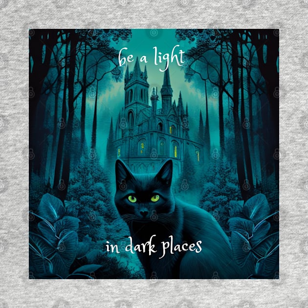 Black cat in front of Gothic cathederal with the quote "be a light in dark places". by karma-stuff